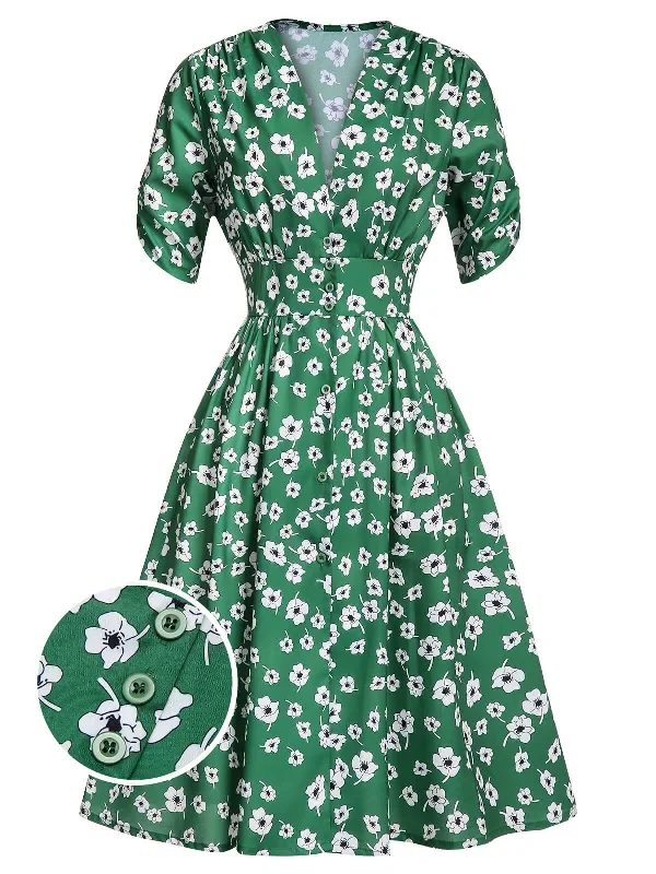 Green 1940s V-Neck Floral Dress