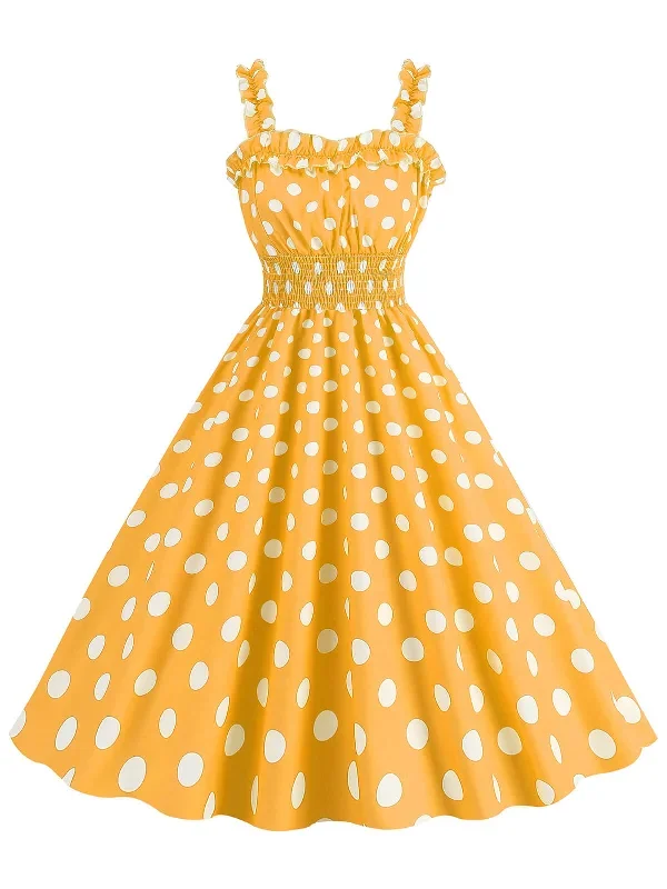 1950s Polka Dot Smocking Strap Dress