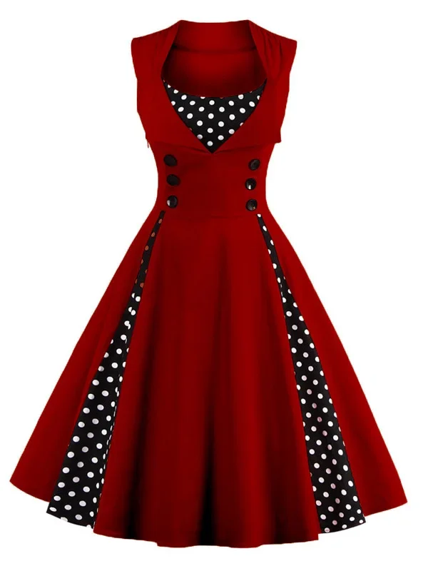 1950s-polka-dots-lapel-patchwork-swing-dress