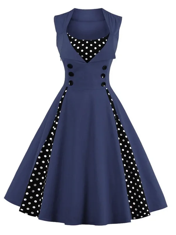 1950s-polka-dots-lapel-patchwork-swing-dress