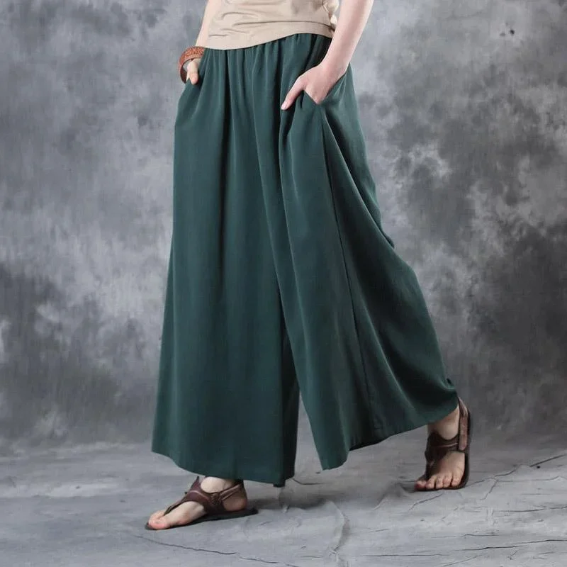 2024 blackish green casual silk pants plus size elastic waist wide leg pants