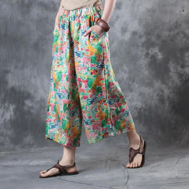 2024 orange floral linen pants casual wide leg pants elastic waist crop pants