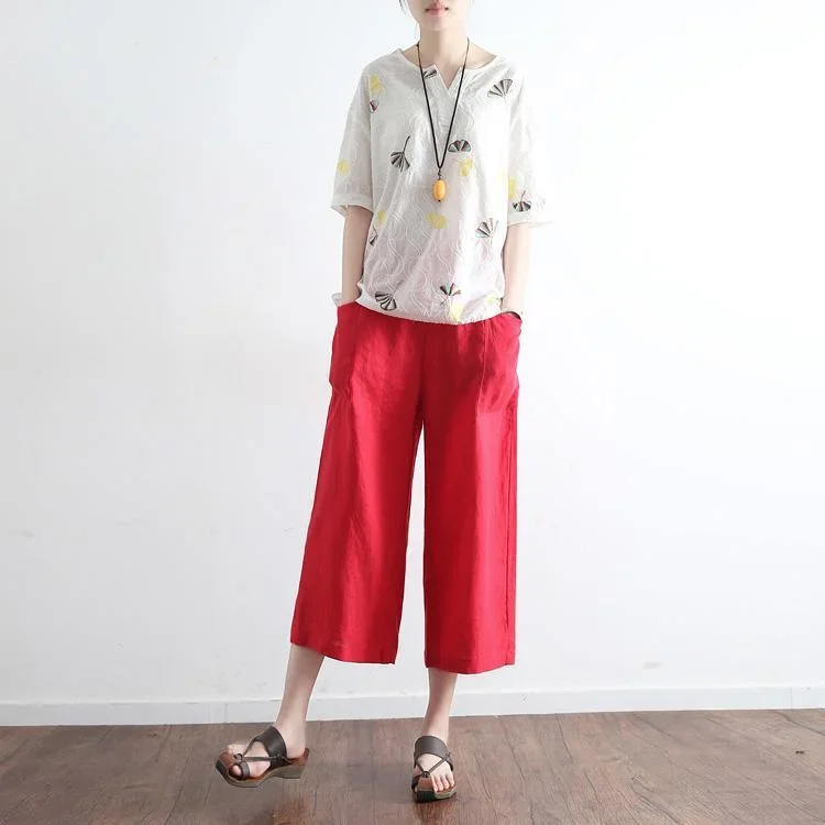 2024 red stylish wide leg pants plus size elastic waist crop pants