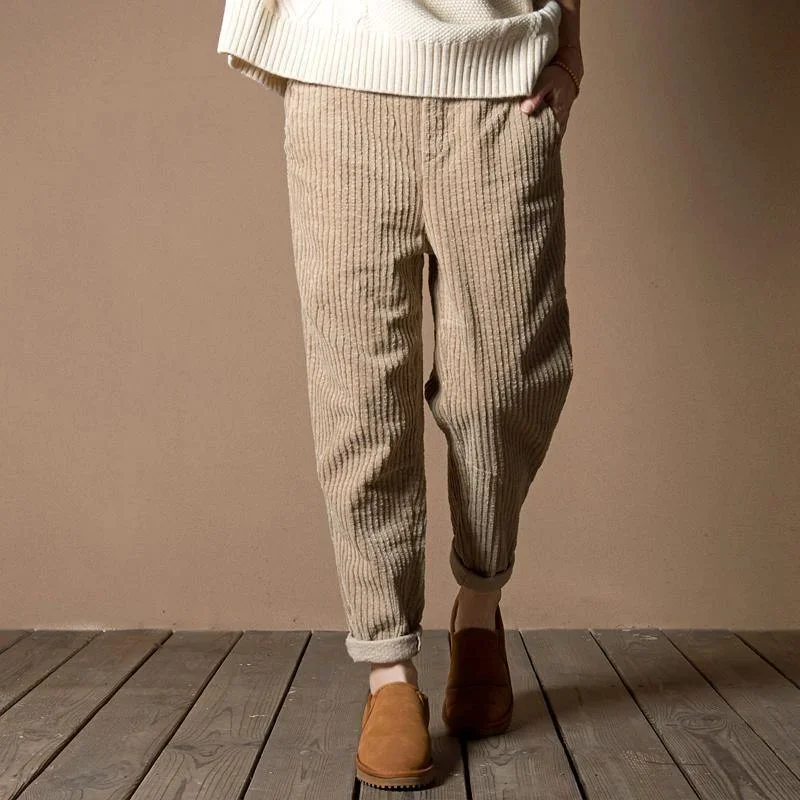 2024 spring tan corduroy crop pants vintage casual style