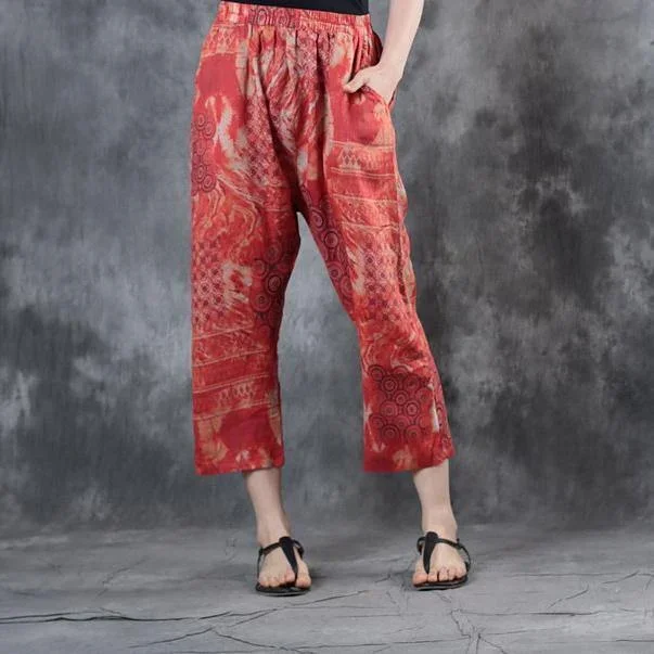 2024 red print linen crop pants casual elastic waist pants