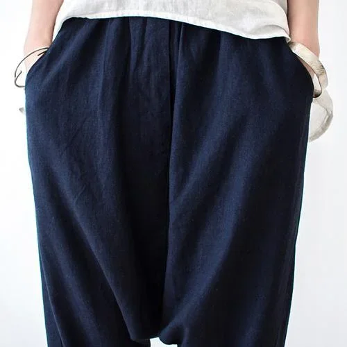 2021-new-dark-blue-linen-harem-pants-plus-size-casual-elastic-waist-crop-pants