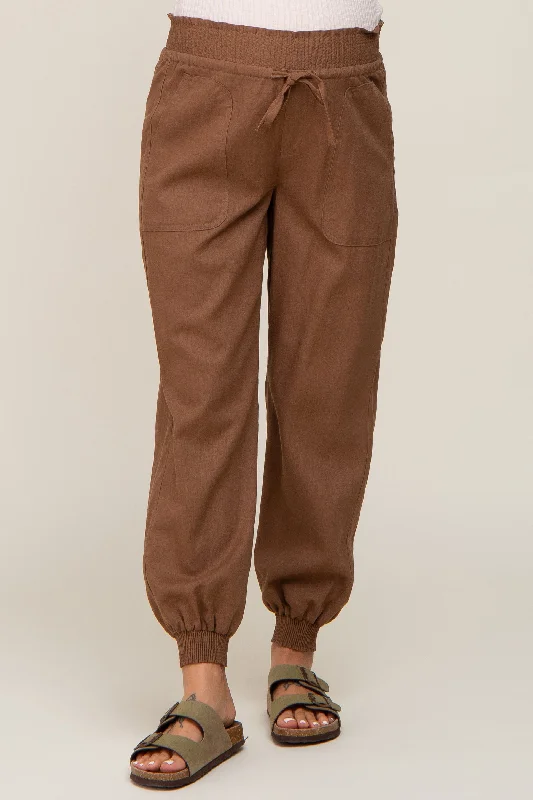 brown-smocked-maternity-joggers