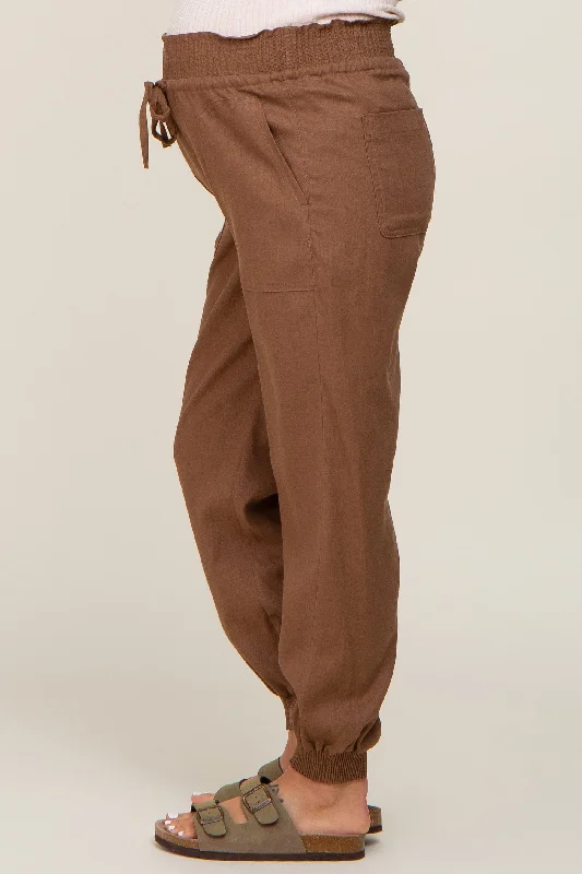 brown-smocked-maternity-joggers