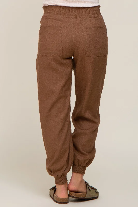 brown-smocked-maternity-joggers