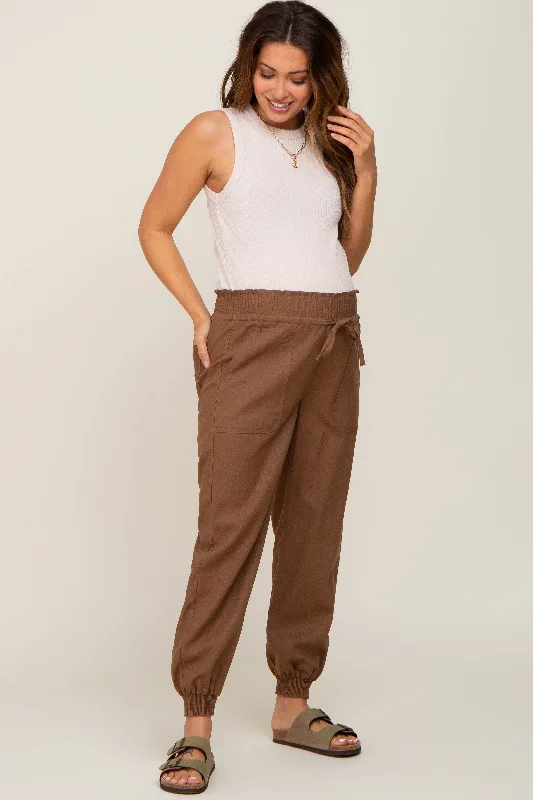 brown-smocked-maternity-joggers