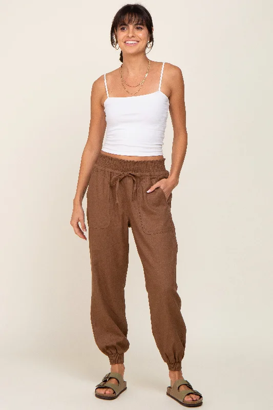 brown-smocked-maternity-joggers