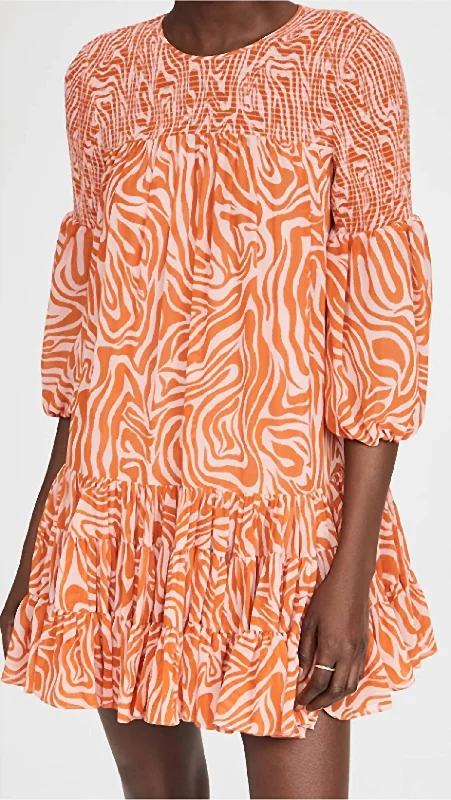 Billowed Ssleeve Rika Dress In Pink/orange