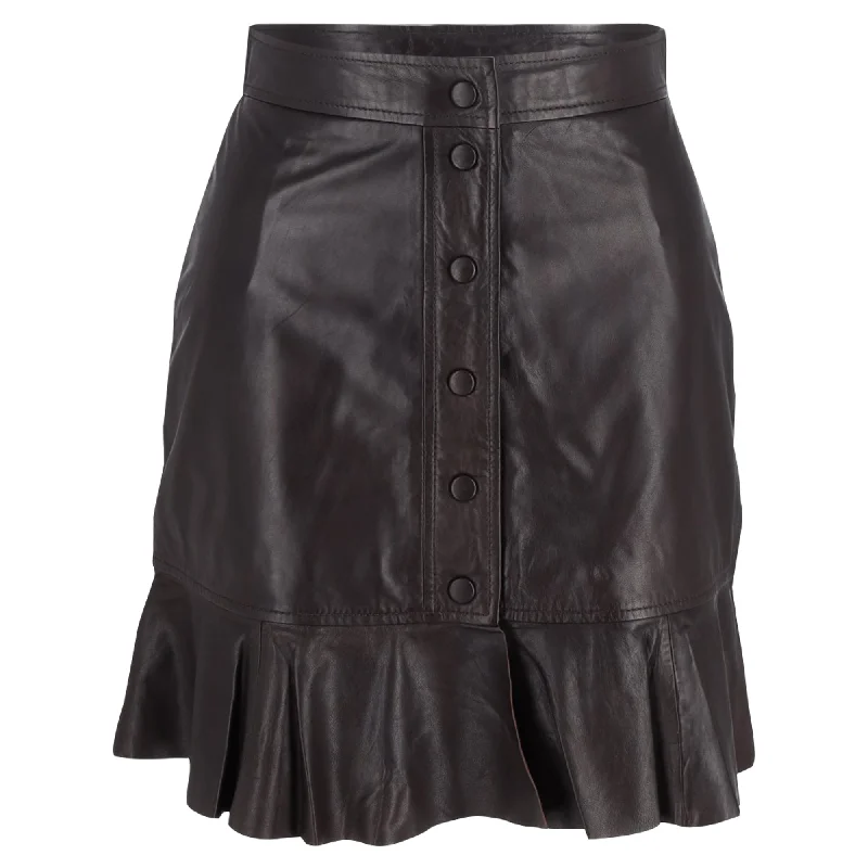 Ganni Rhinehart Ruffled Mini Skirt in Brown Leather