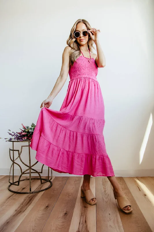 Halter Neck Tiered Maxi Dress for Women in Pink | ND30242-FUCHSIA