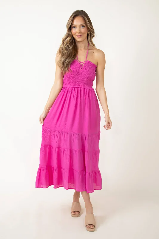 Halter Neck Tiered Maxi Dress for Women in Pink | ND30242-FUCHSIA