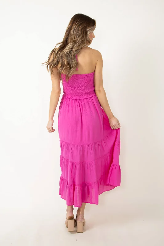 Halter Neck Tiered Maxi Dress for Women in Pink | ND30242-FUCHSIA