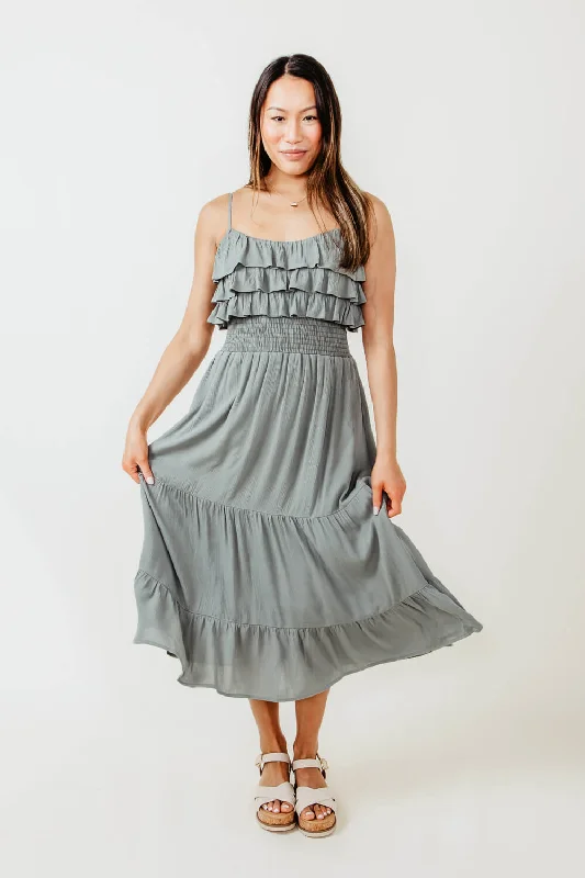 Rokoko Layered Ruffle Tiered Smocked Midi Dress for Women in Green | R602219-SAG