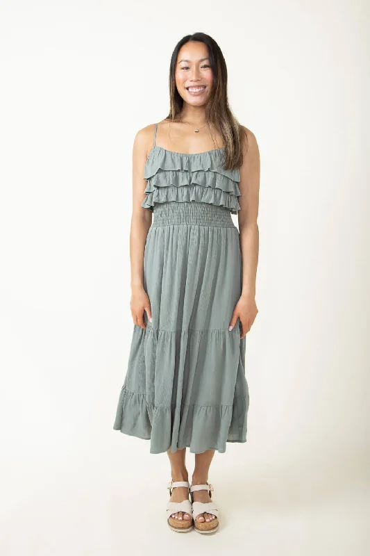 Rokoko Layered Ruffle Tiered Smocked Midi Dress for Women in Green | R602219-SAG