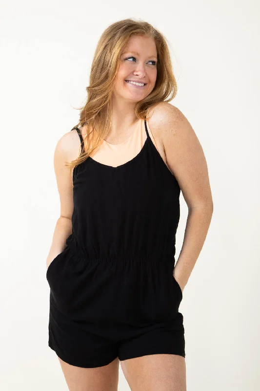 Romper with Thin Straps and Pockets for Women in Black | DZ23E423-BLACK