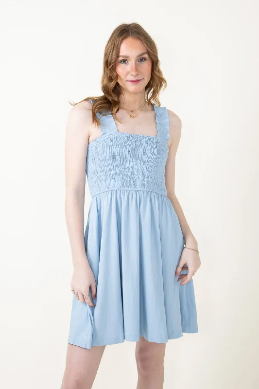 Smocked Bodice Straps Dress for Women in Blue | H43017-DNM