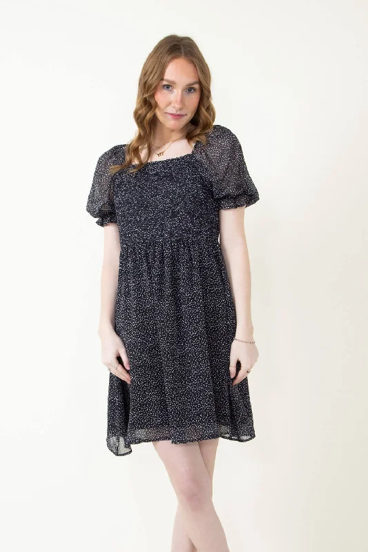 Smocked Heart Print Dress for Women in Black | HY2442-BLK