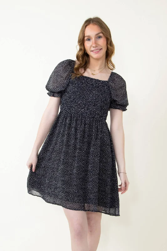 Smocked Heart Print Dress for Women in Black | HY2442-BLK