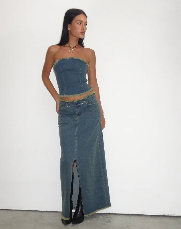 Zaenap Frayed Denim Maxi Skirt in Brown Blue Acid