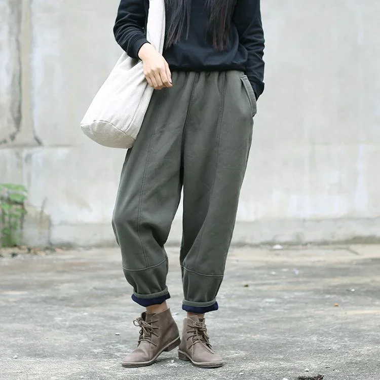 Army Green Linen Fall Casual Patchwork Elastic Waist Pants