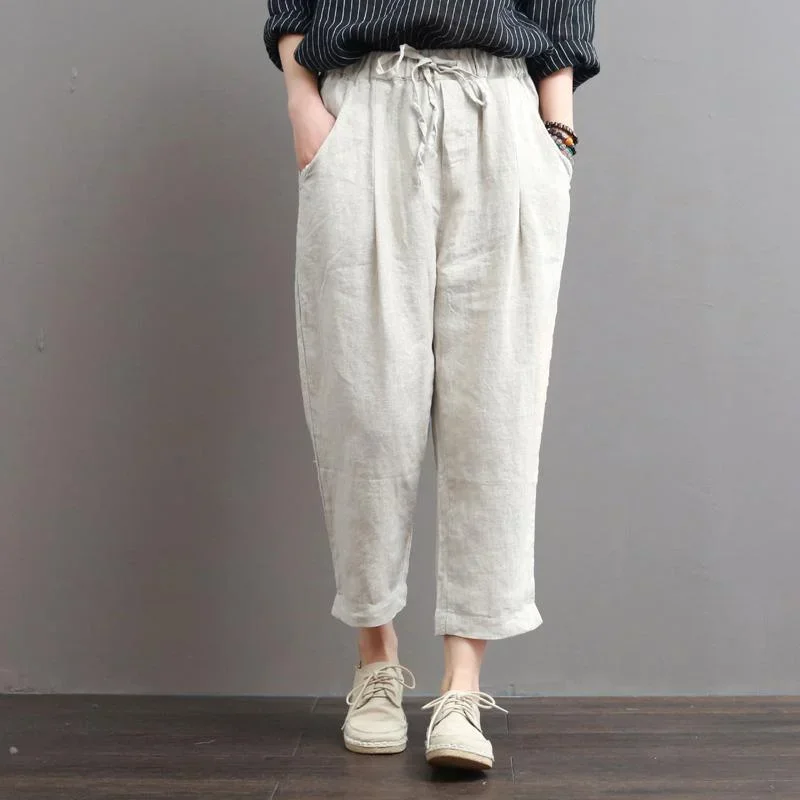 beige loose pants pockets casual cotton crop pants