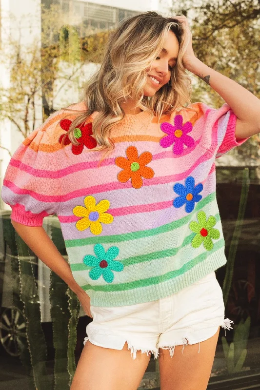 BiBi Flower Patch Puff Sleeve Striped Sweater