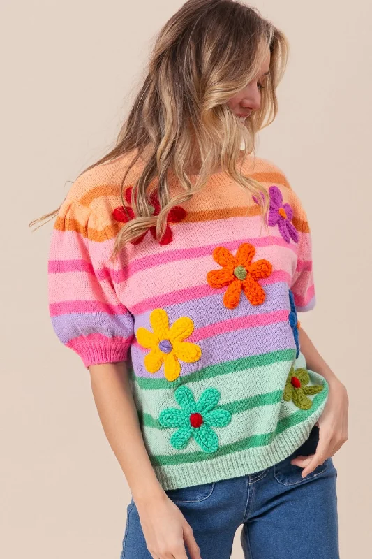 bibi-flower-patch-puff-sleeve-striped-sweater