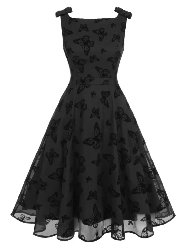 black-1950s-butterfly-flocking-mesh-dress