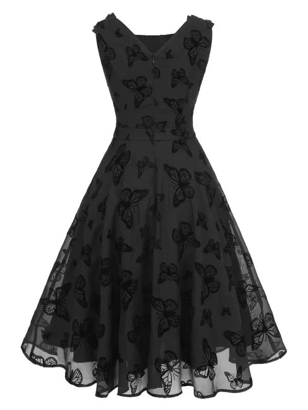 black-1950s-butterfly-flocking-mesh-dress