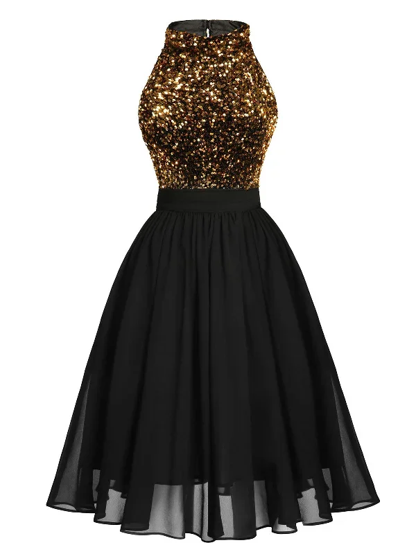 black-1950s-gold-glitter-patchwork-dress