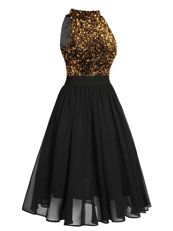 black-1950s-gold-glitter-patchwork-dress