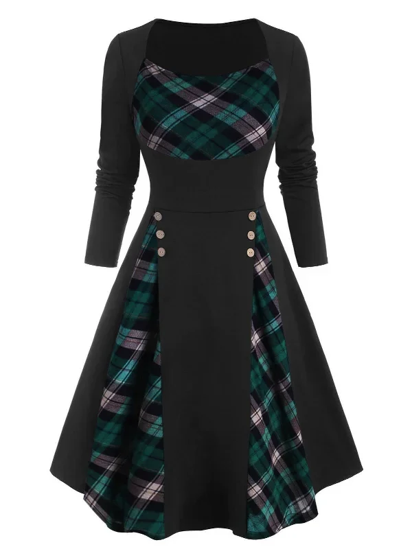 Black 1950s Plaid Patchwork Swing Dress