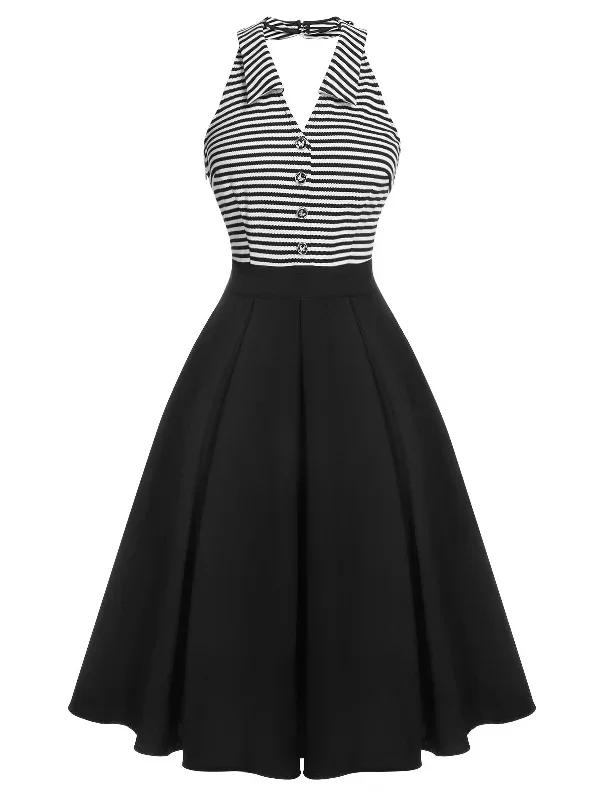 black-1950s-stripe-lapel-halter-patchwork-dress