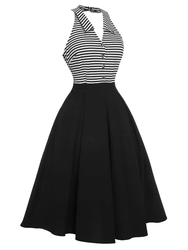 black-1950s-stripe-lapel-halter-patchwork-dress