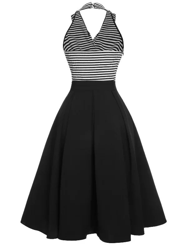 black-1950s-stripe-lapel-halter-patchwork-dress