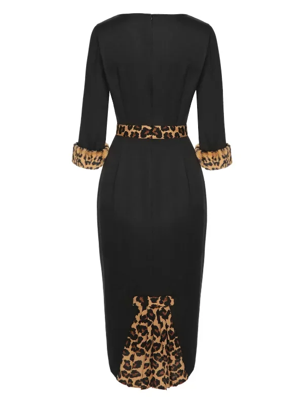 black-1960s-raw-hem-leopard-asymmetric-wrap-dress