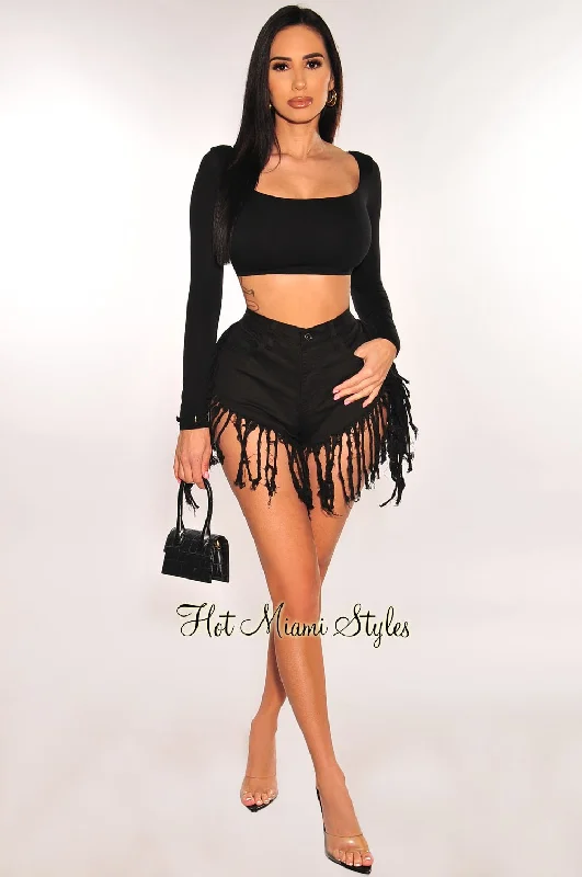 black-denim-high-waist-fringe-hem-shorts