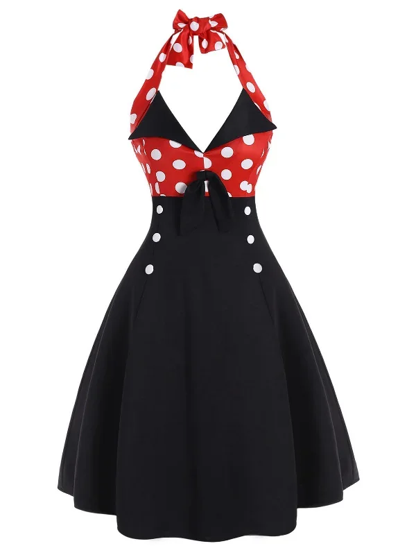 Black Red 1950s Halter Dot Swing Dress