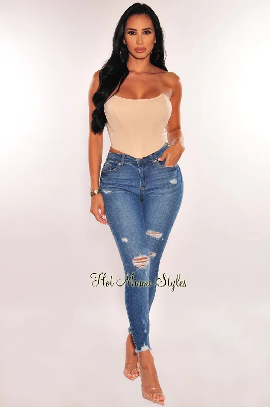 Blue Denim High Waist Distressed Skinny Frayed Hem Ankle Jeans