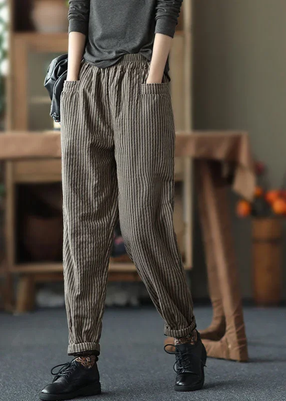 bohemian-coffee-elastic-waist-striped-pockets-fine-cotton-filled-pants-winter