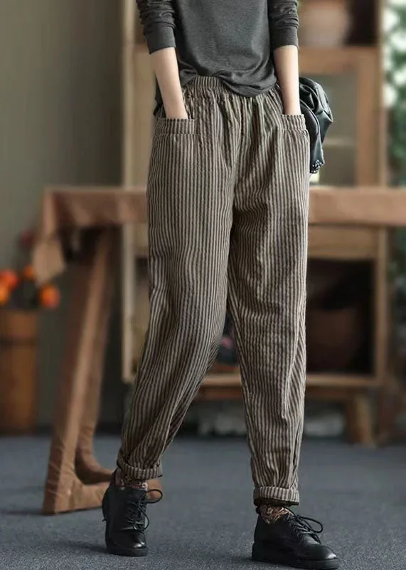 bohemian-coffee-elastic-waist-striped-pockets-fine-cotton-filled-pants-winter