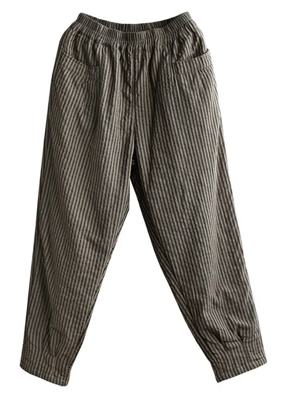 bohemian-coffee-elastic-waist-striped-pockets-fine-cotton-filled-pants-winter