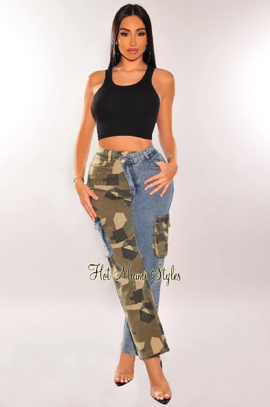 Camo Denim Two Tone Cargo Pocket Wide Leg Jeans