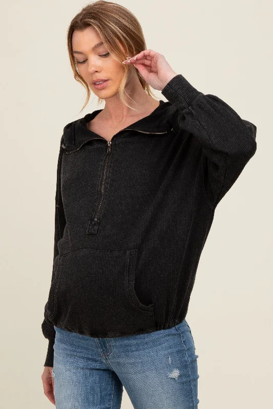 charcoal-waffle-knit-half-zip-relaxed-fit-maternity-hoodie