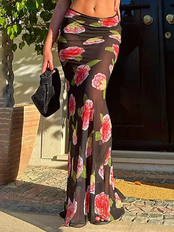 Printed Contrast Mesh Patchwork Maxi Skirt