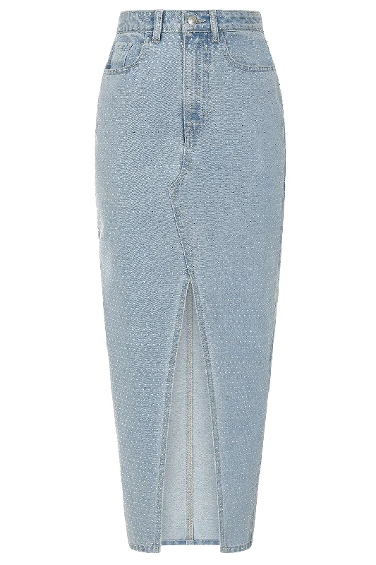 HARPER Crystal Embellished Denim Maxi Skirt in Light Blue